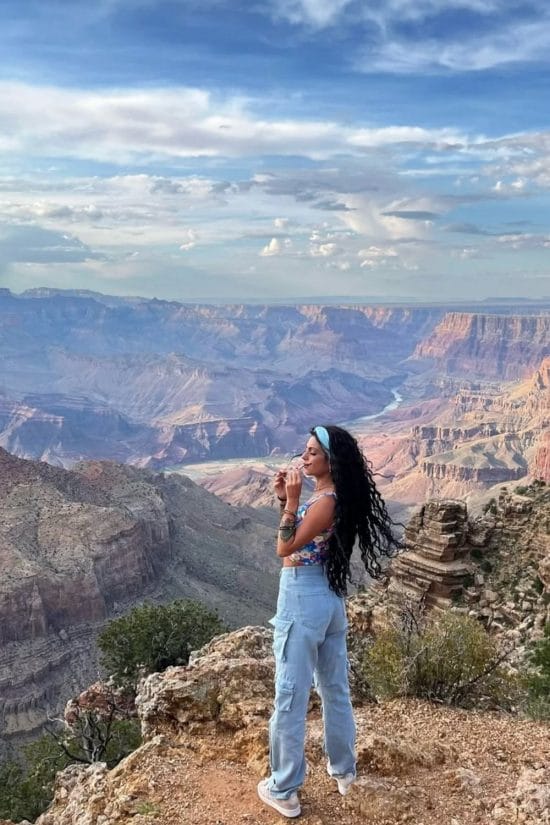 Light Blue Cargo Pants With Patterned Crop Top Light Blue Cargo Pants With Patterned Crop Top — Cute Hiking Outfit Inspo