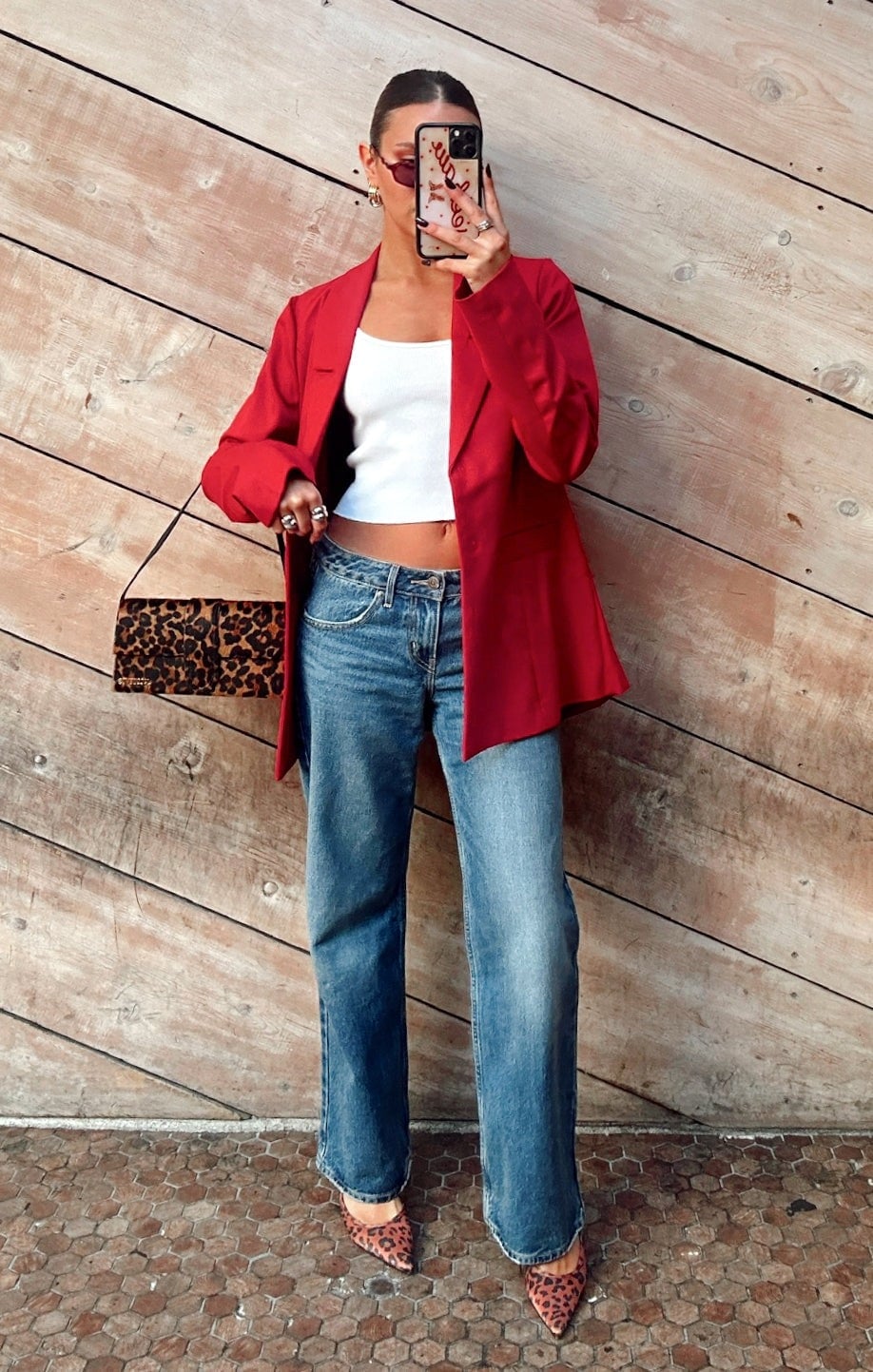 Straight Leg Jeans With Red Blazer and Leopard Heels — Cute Jeans Outfit Inspo