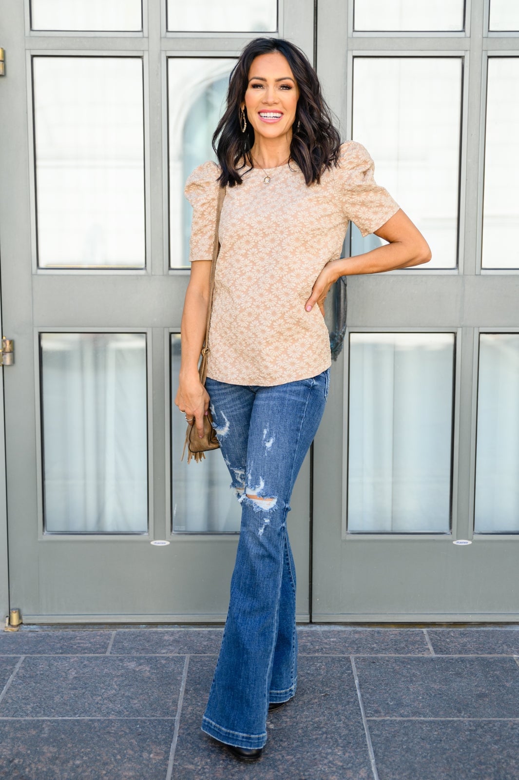 Distressed Flare Jeans With Puff Sleeve Top — Cute Jeans Outfit Inspo