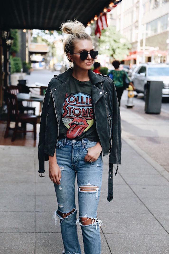 Ripped Straight Leg Jeans With Moto Jacket — Cute Jeans Outfit Inspo