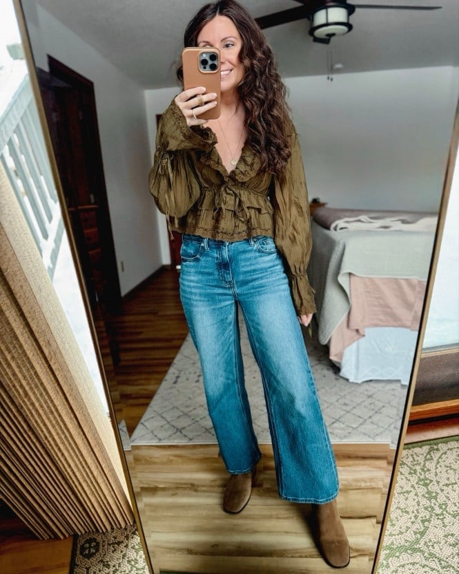 Medium Wash Wide Leg Jeans With Ruffled Blouse — Cute Jeans Outfit Inspo