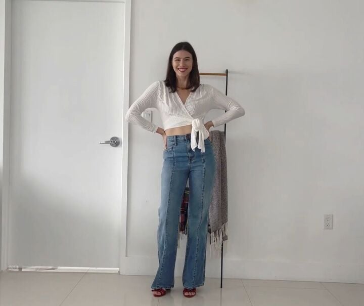 Blue Flare Jeans With Wrap Top and Red Heels — Cute Jeans Outfit Inspo