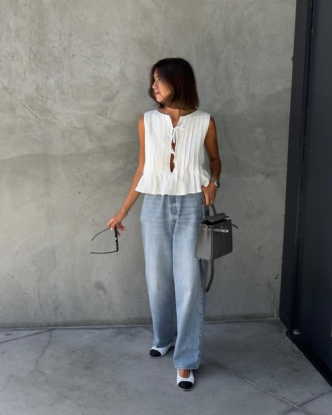 Light Blue Wide Leg Jeans With Pleated Tie-Neck Top — Cute Jeans Outfit Inspo