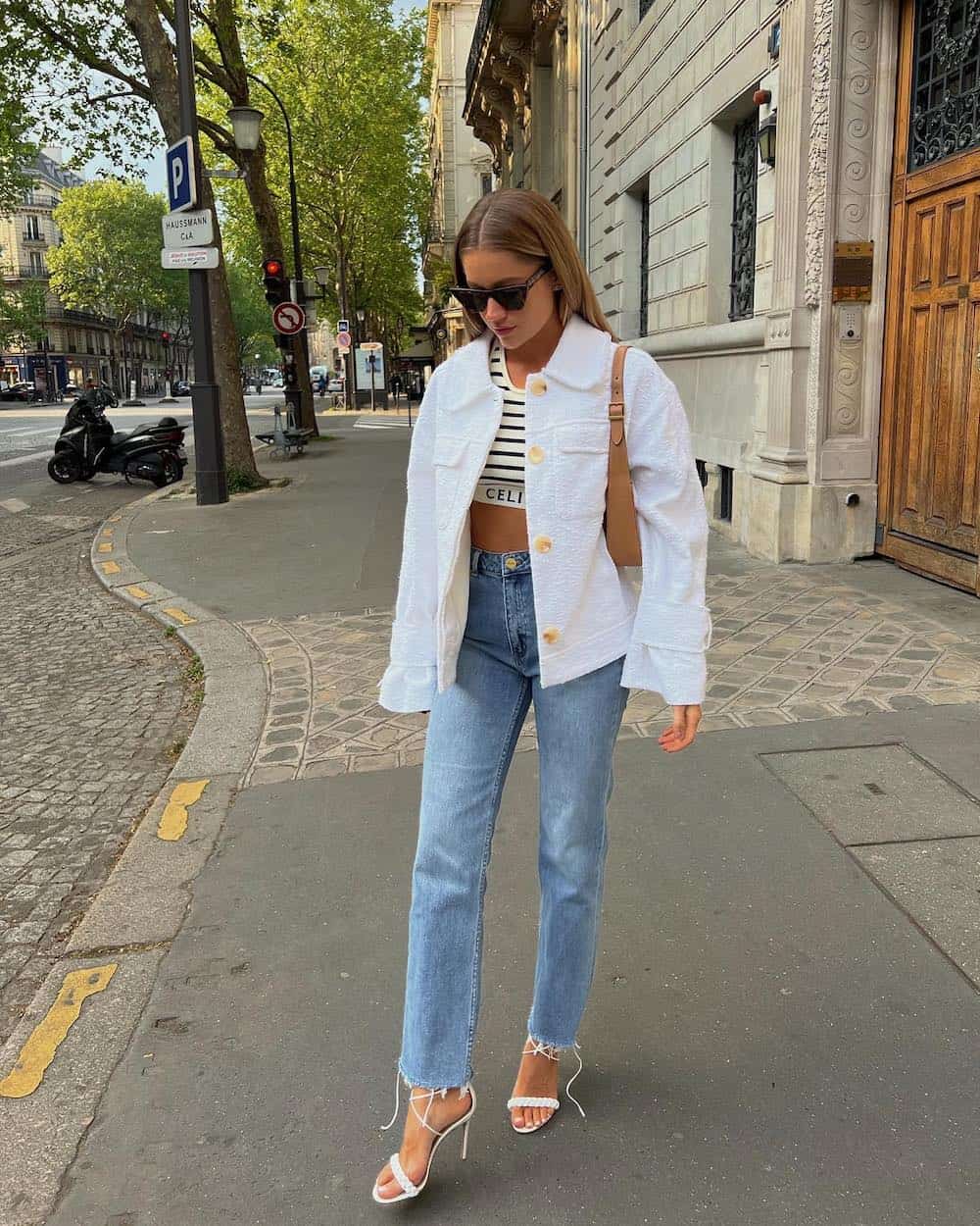 Light Wash Straight Leg Jeans With Textured Jacket — Cute Jeans Outfit Inspo