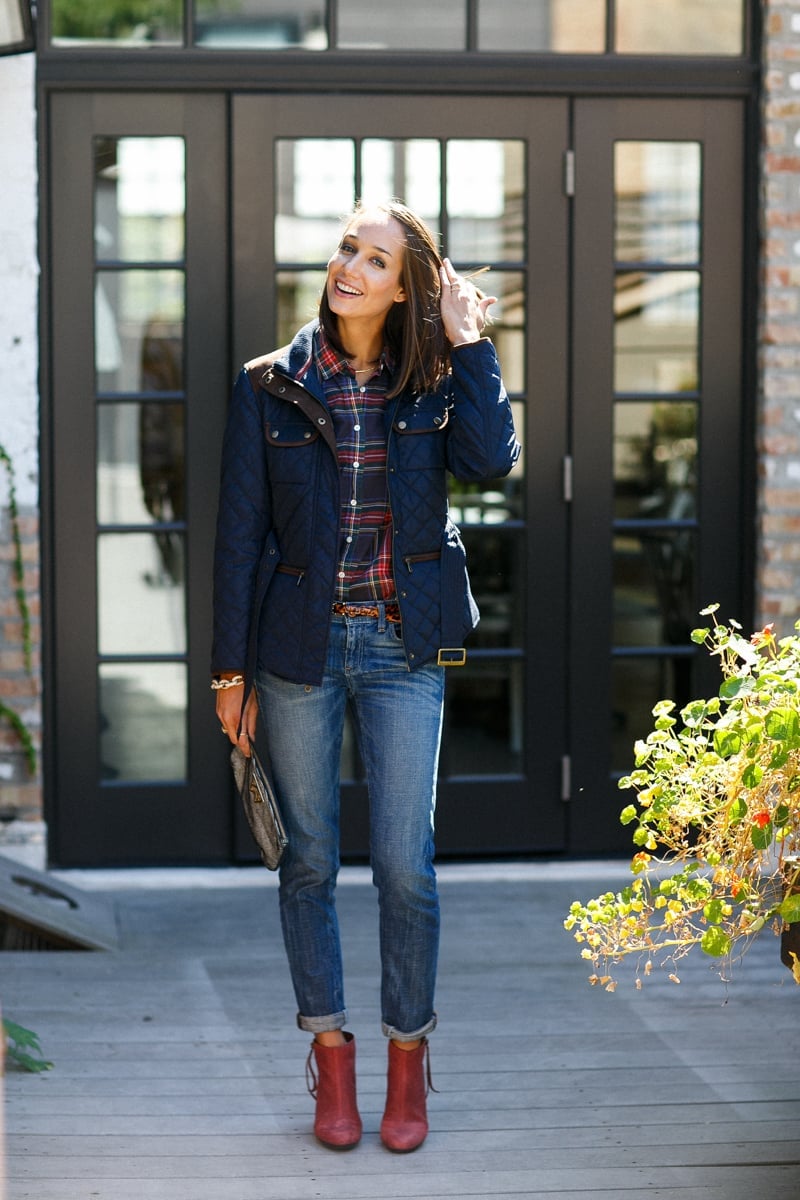 Rolled Cuff Jeans With Plaid Shirt and Quilted Jacket — Cute Jeans Outfit Inspo