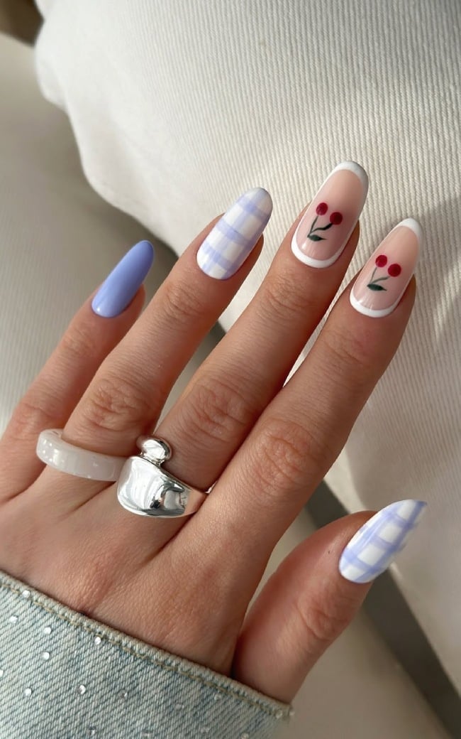 Sheer Nude Medium Almond With Gingham And Cherries — Cute Medium Nails