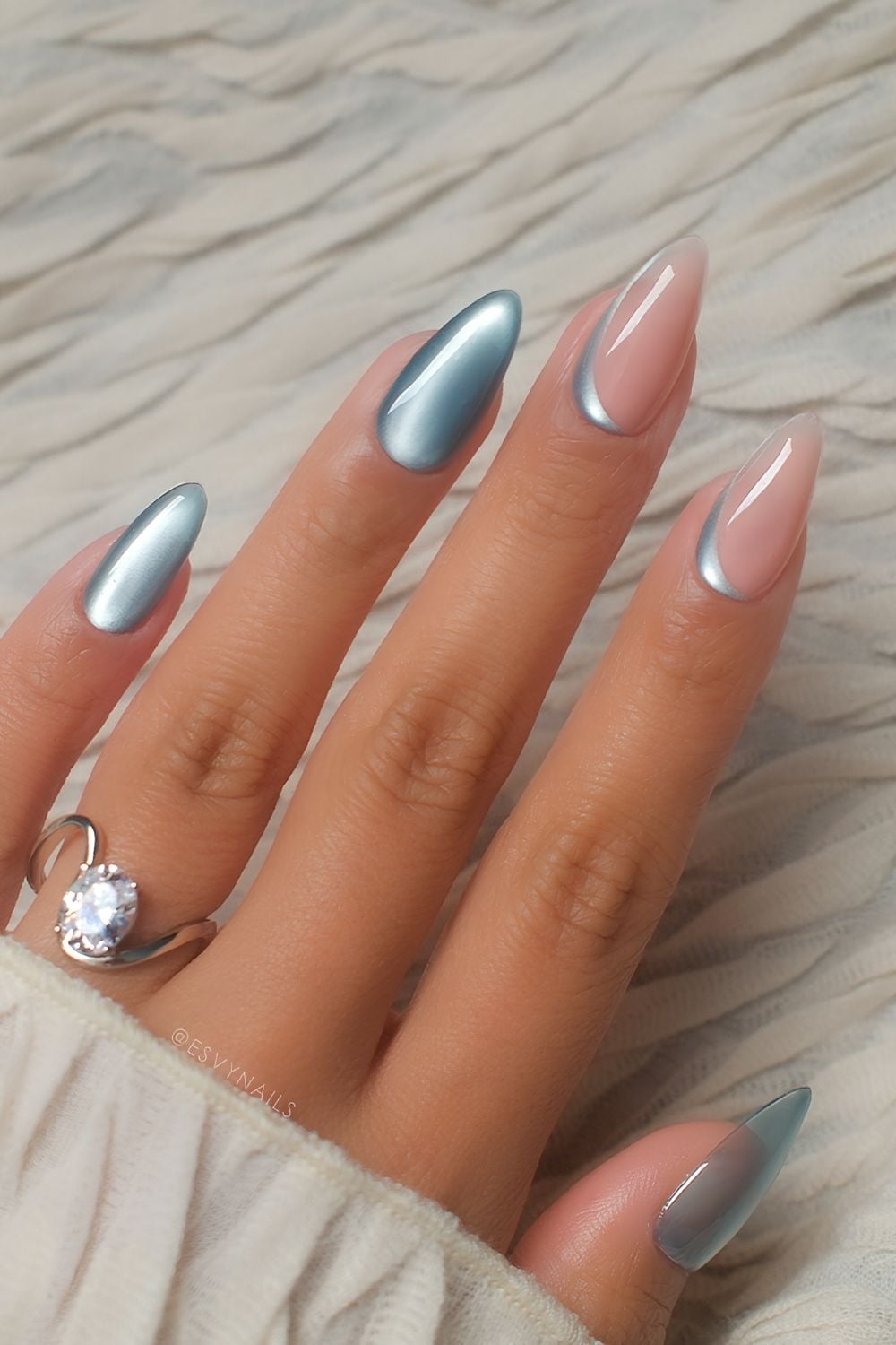 Sheer Nude Medium Almond With Silver Outline French Tips — Cute Medium Nails