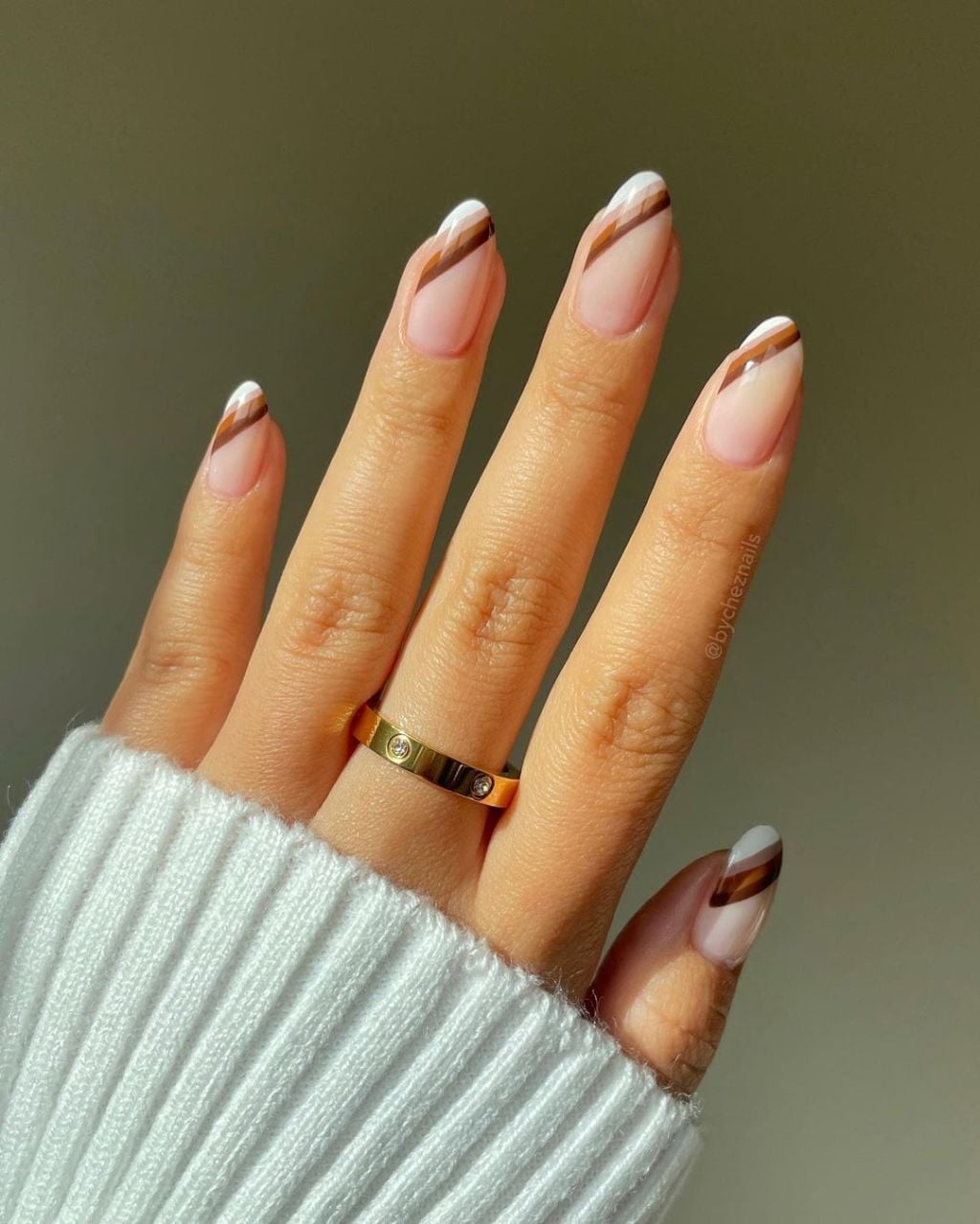 Sheer Nude Medium Almond With Diagonal Stripes — Cute Medium Nails