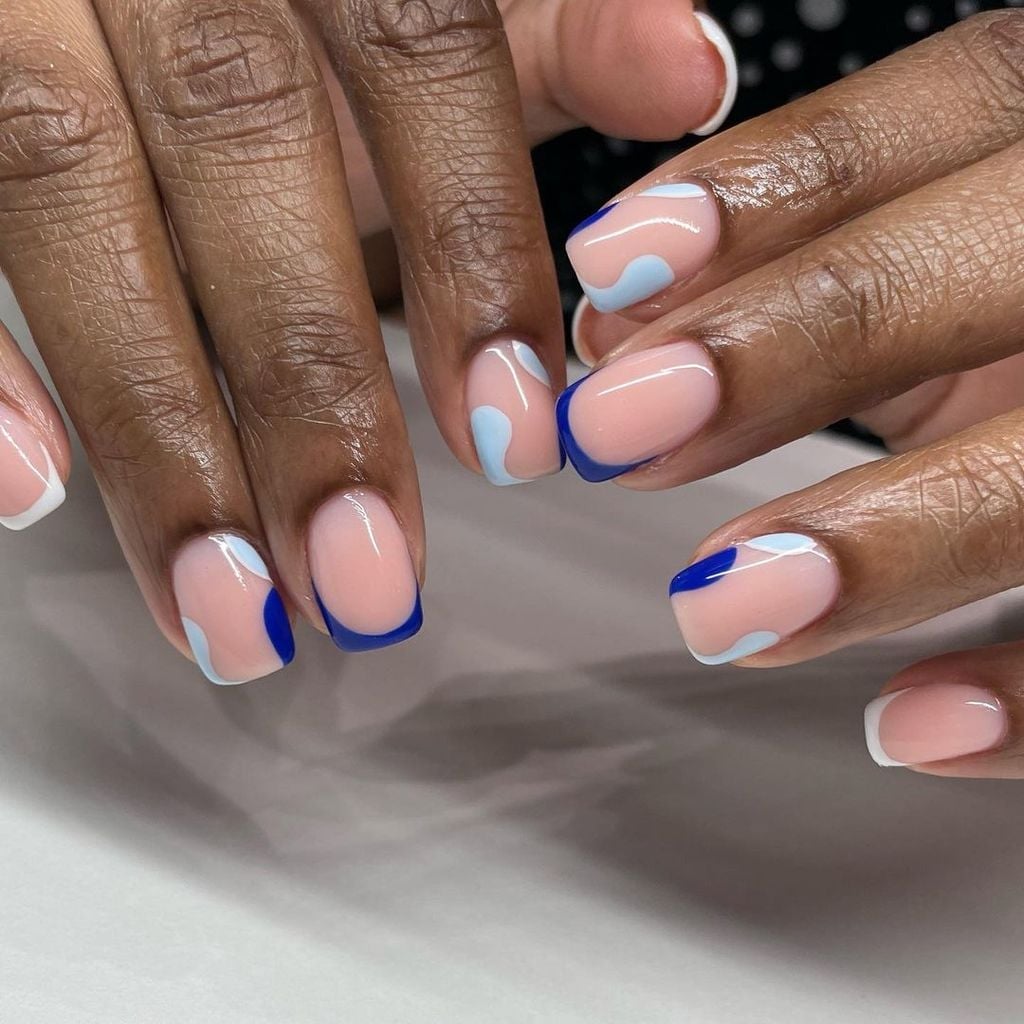 Nude Medium Square With Abstract Blue Shapes — Cute Medium Nails