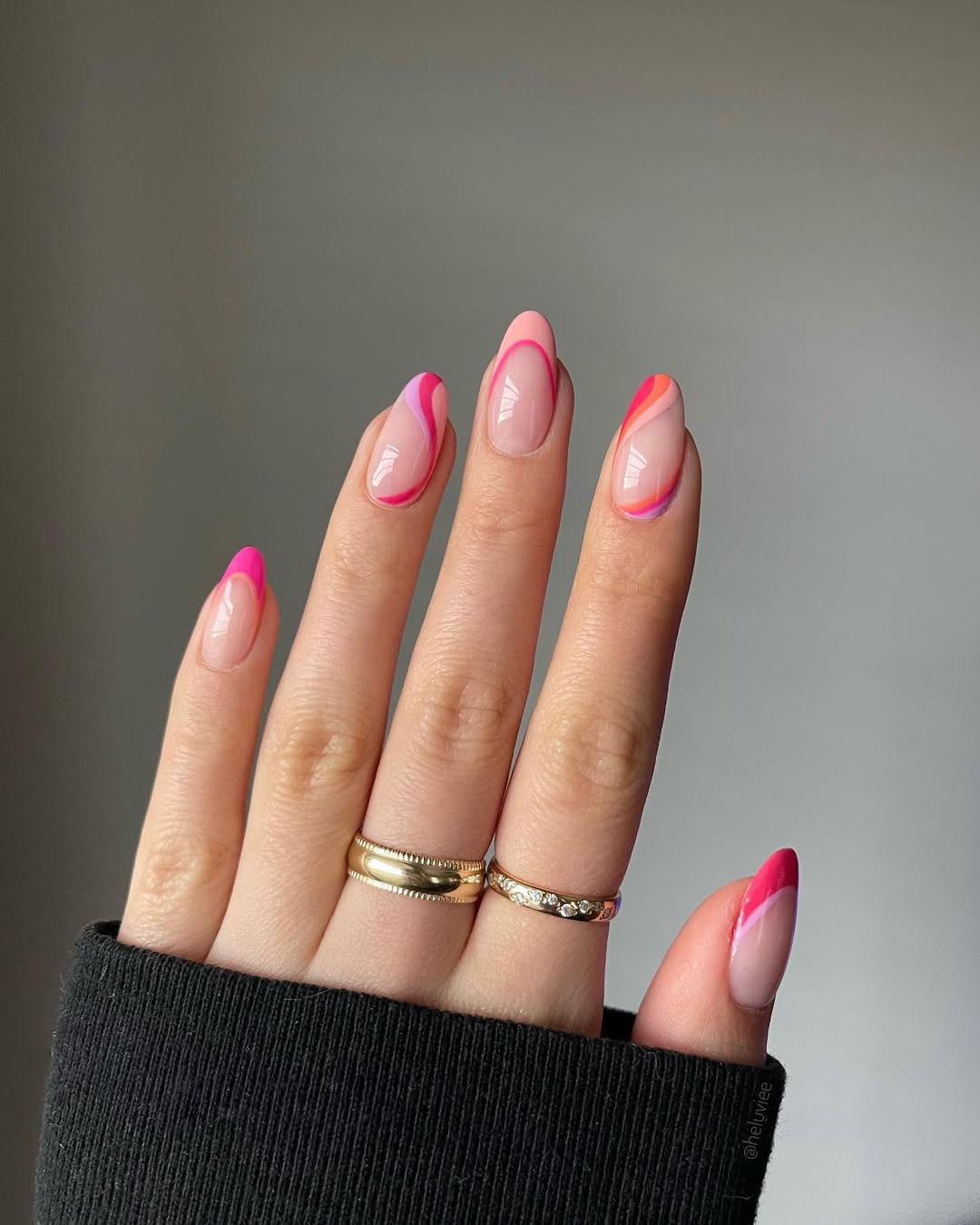 Nude Medium Almond With Pink And Orange Swirls — Cute Medium Nails