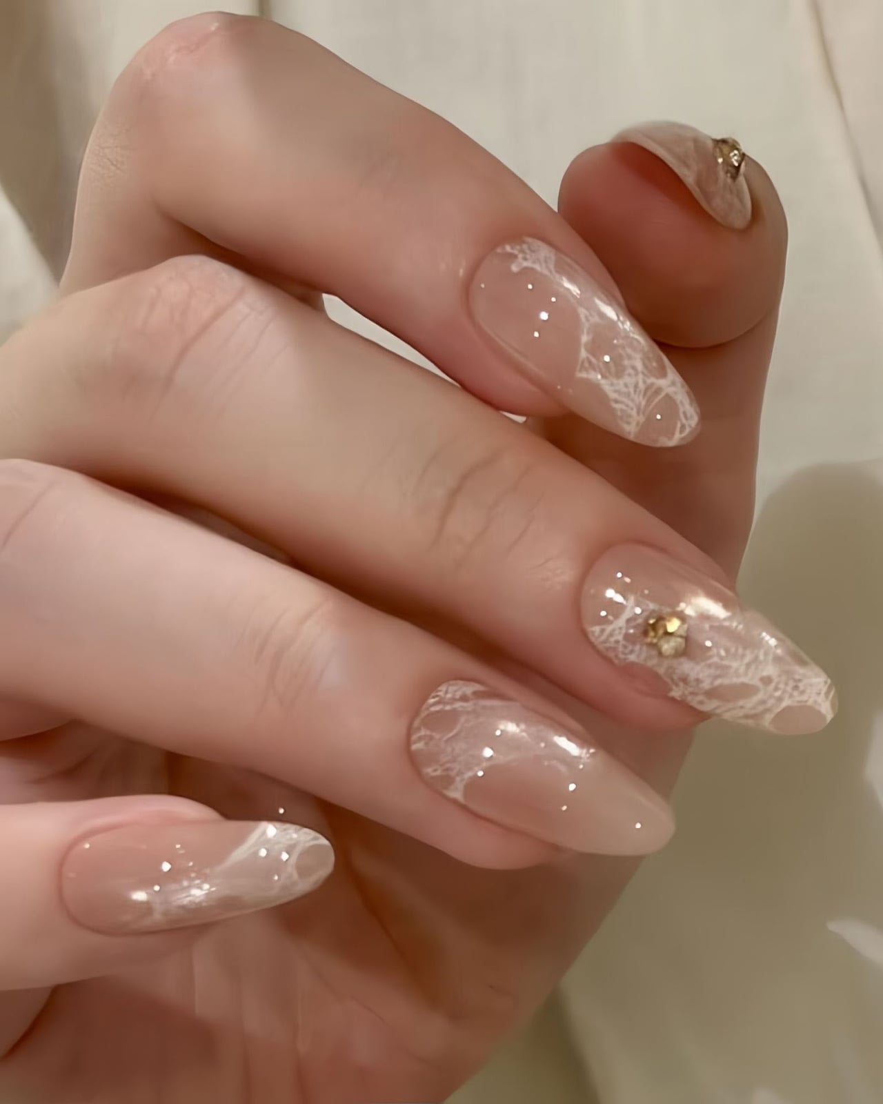 Sheer Nude Medium Almond With White Lace Overlay — Cute Medium Nails