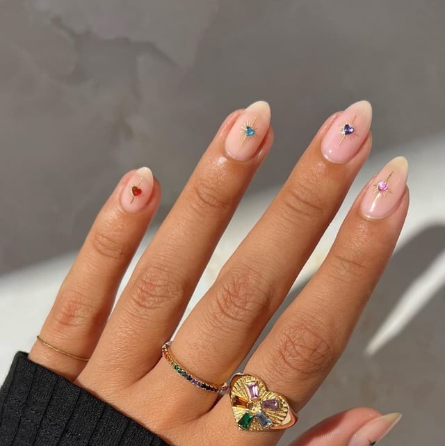 Sheer Nude Medium Almond With Heart Gems — Cute Medium Nails