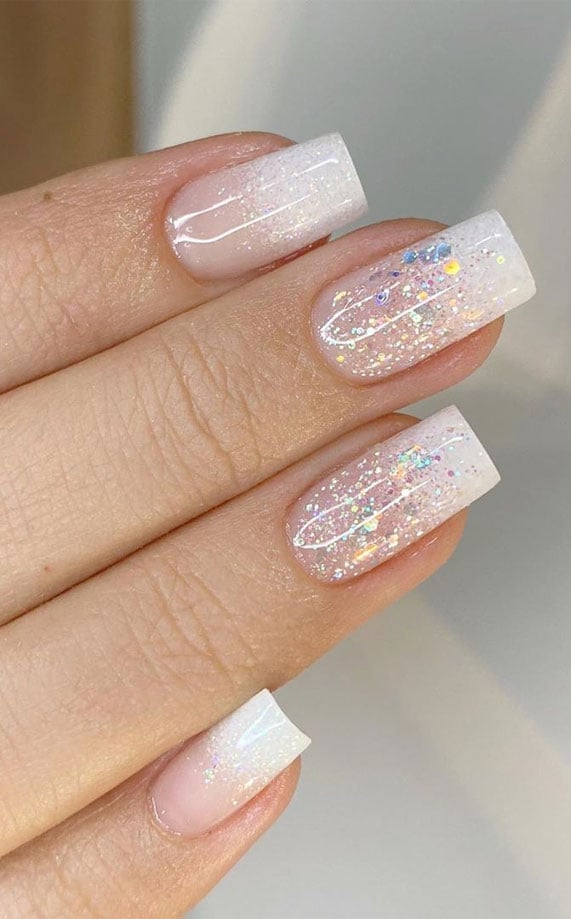 Short Square Glitter Gradient Nails — Cute Medium Nails