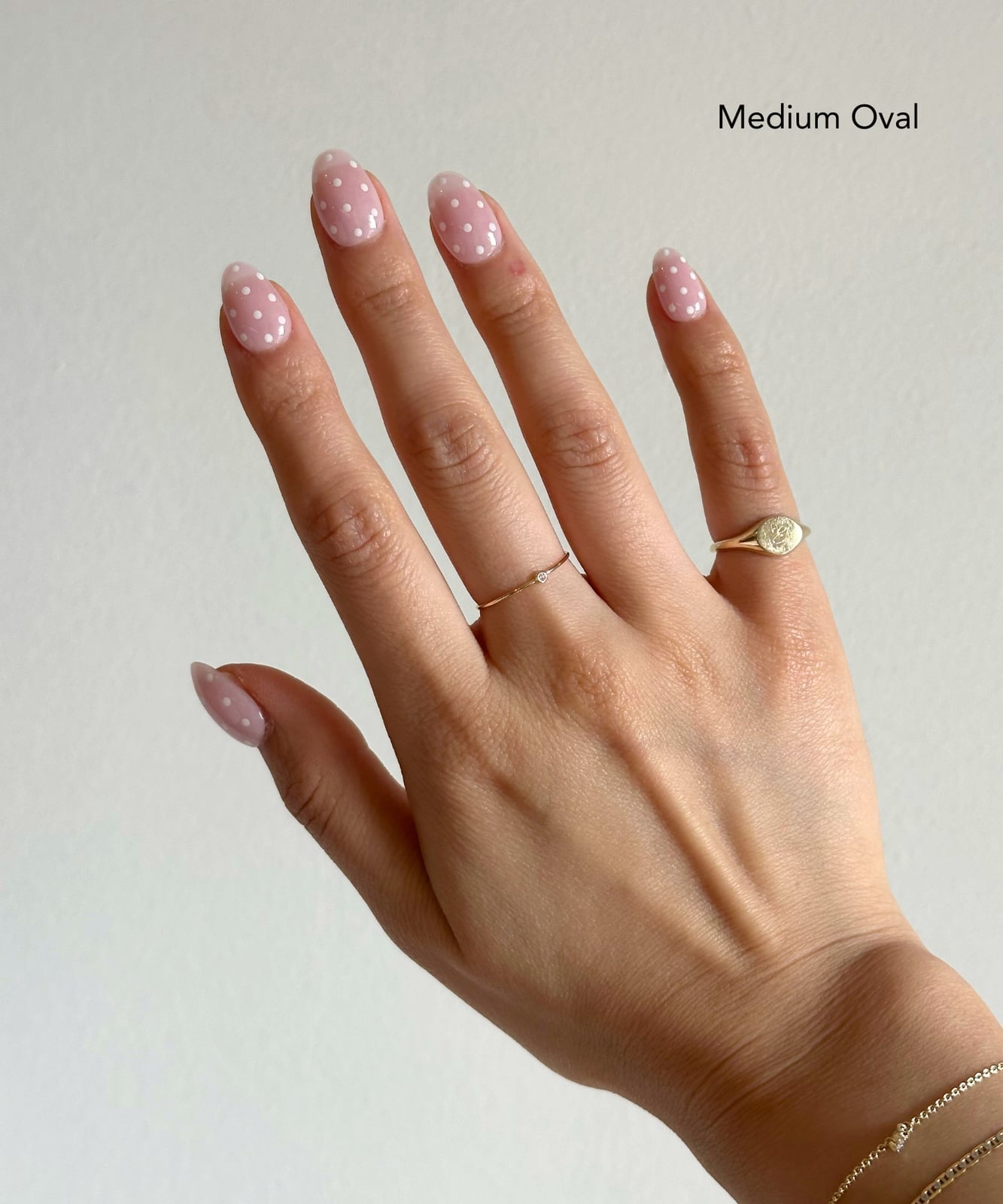 Pale Pink Medium Oval With White Polka Dots — Cute Medium Nails