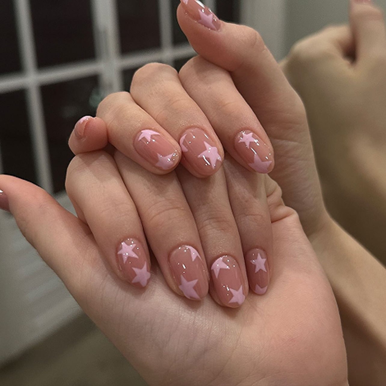 Sheer Pink Medium Oval With Pink Stars — Cute Medium Nails