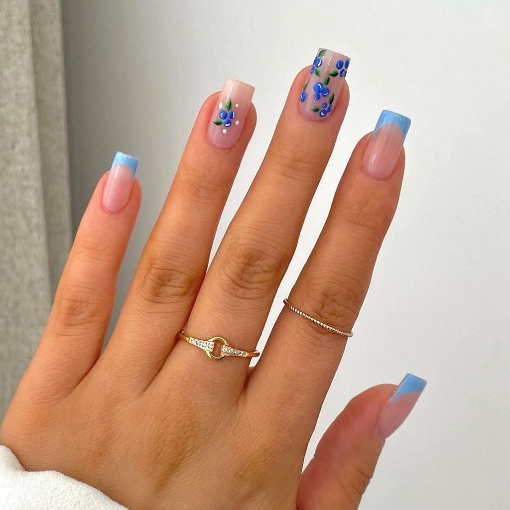 Sheer Pink Medium Square With Blue French Tips — Cute Medium Nails