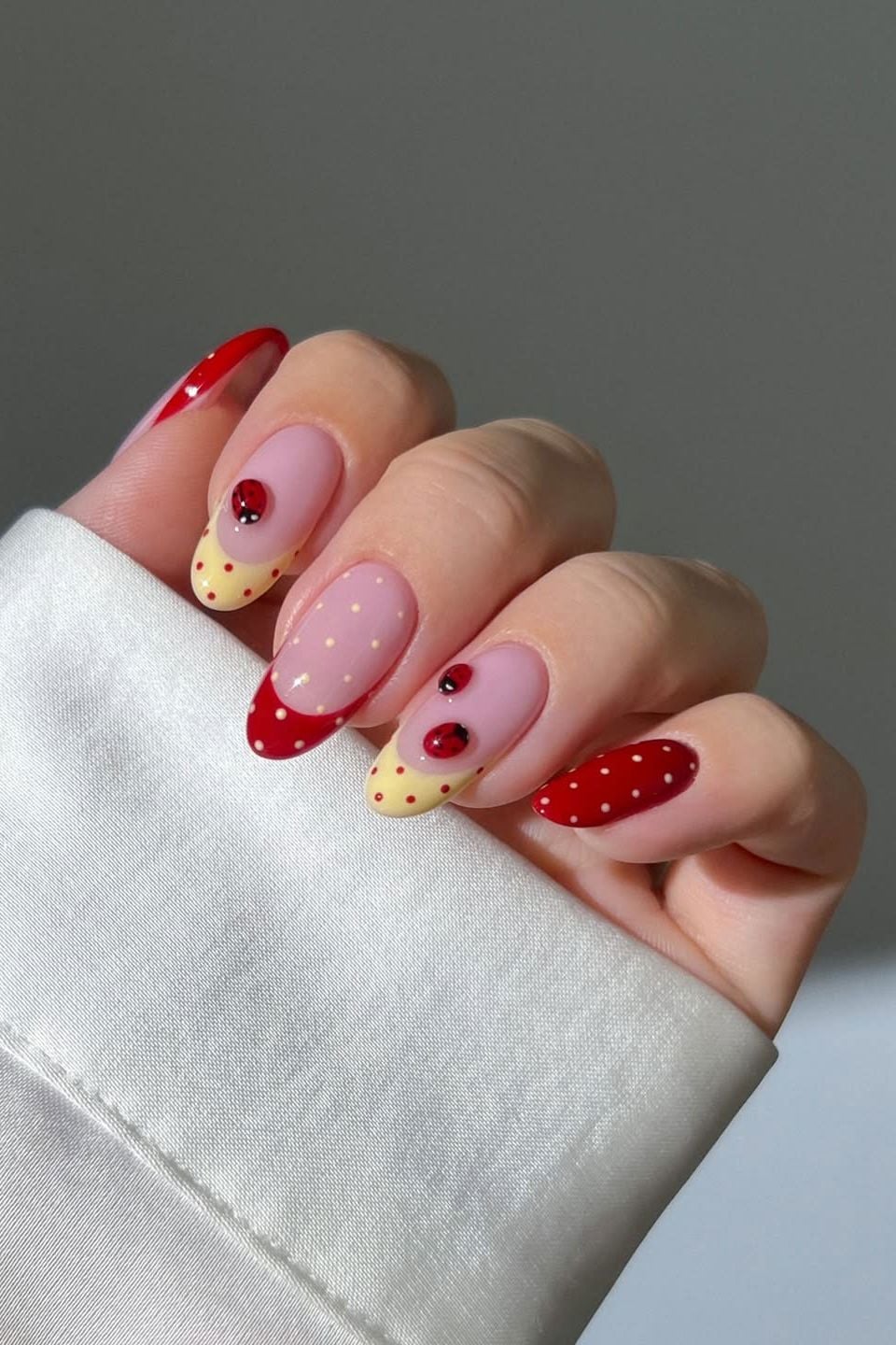 Sheer Pink Medium Almond With Ladybugs — Cute Medium Nails