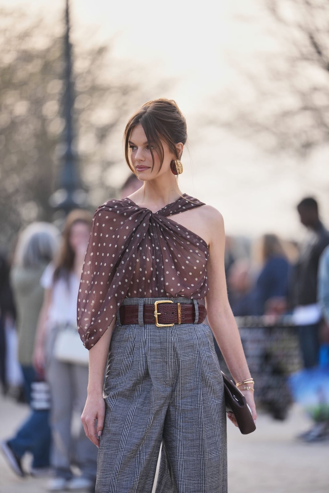 Brown Sheer Polka Dot Top with Plaid Trousers Brown Sheer Polka Dot Top with Plaid Trousers — Cute Polka Dot Outfits
