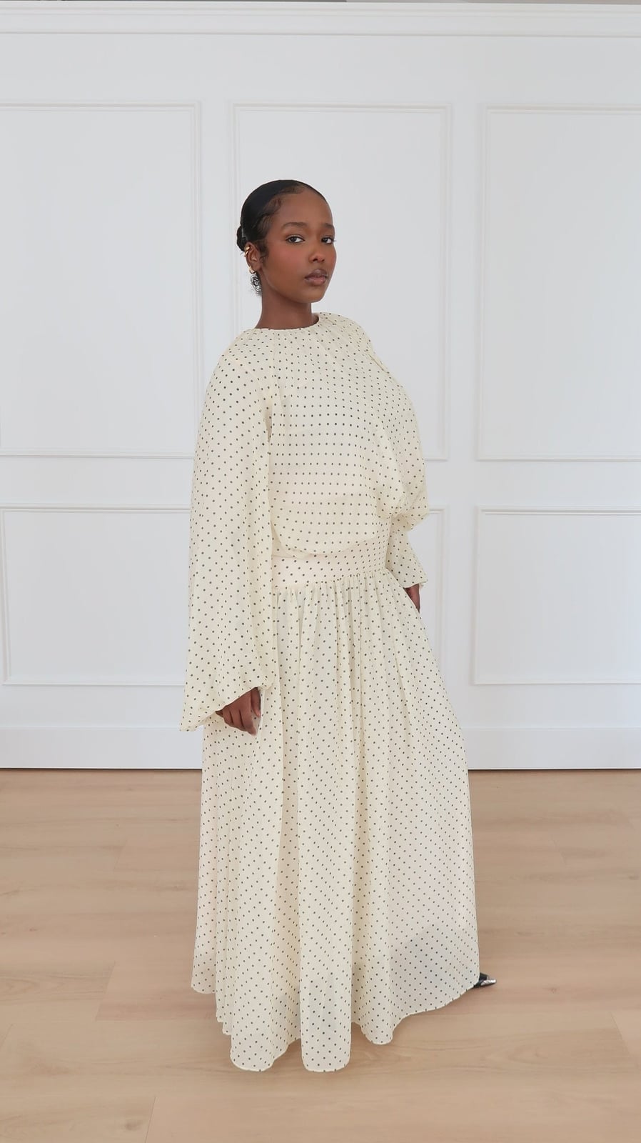 Ivory Polka Dot Maxi Dress with Balloon Sleeves, Close-Up Take Ivory Polka Dot Maxi Dress with Balloon Sleeves, Close-Up Take — Cute Polka Dot Outfits