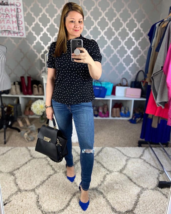 Polka Dot Top with Ripped Denim Jeans and Pointed Toe Heels Polka Dot Top with Ripped Denim Jeans and Pointed Toe Heels — Cute Polka Dot Outfits