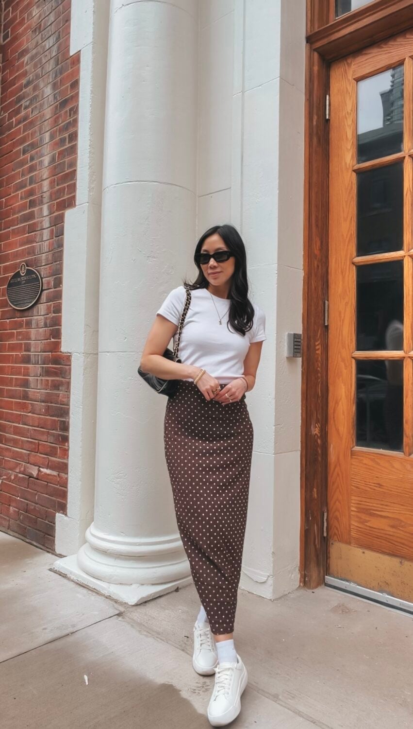 Casual Polka Dot Maxi Skirt with T-Shirt Casual Polka Dot Maxi Skirt with T-Shirt — Cute Polka Dot Outfits