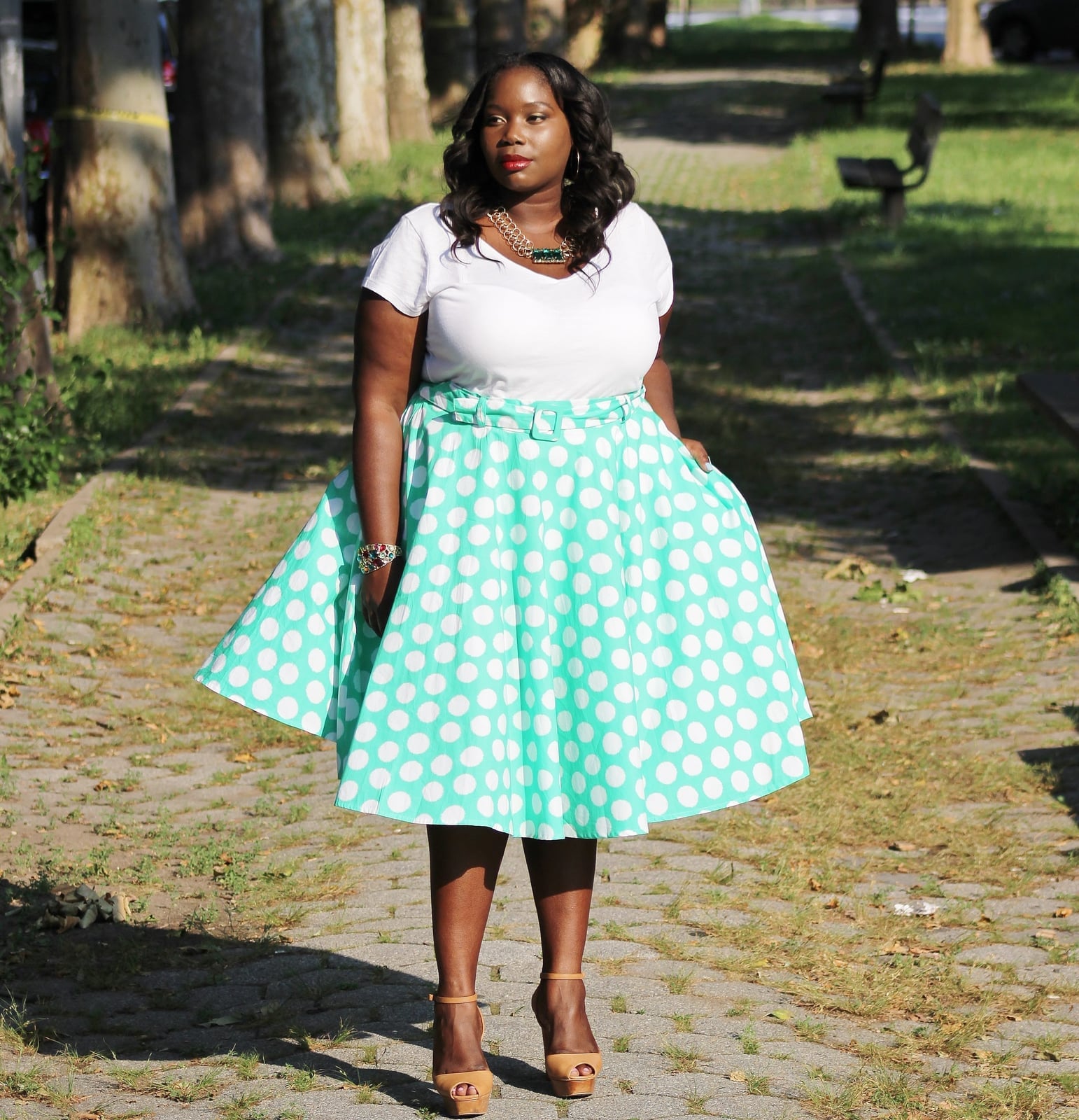 Mint Green Polka Dot Skirt with White Tee Mint Green Polka Dot Skirt with White Tee — Cute Polka Dot Outfits