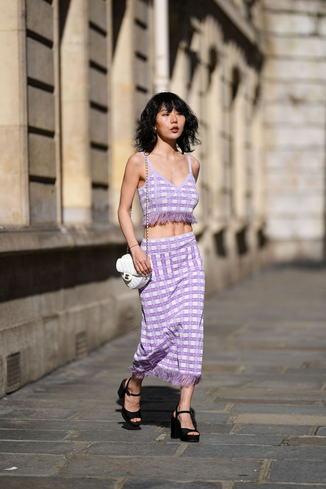 Lilac Knit Set with Fringed Trim and Platform Sandals Lilac Knit Set with Fringed Trim and Platform Sandals — Cute Purple Outfits