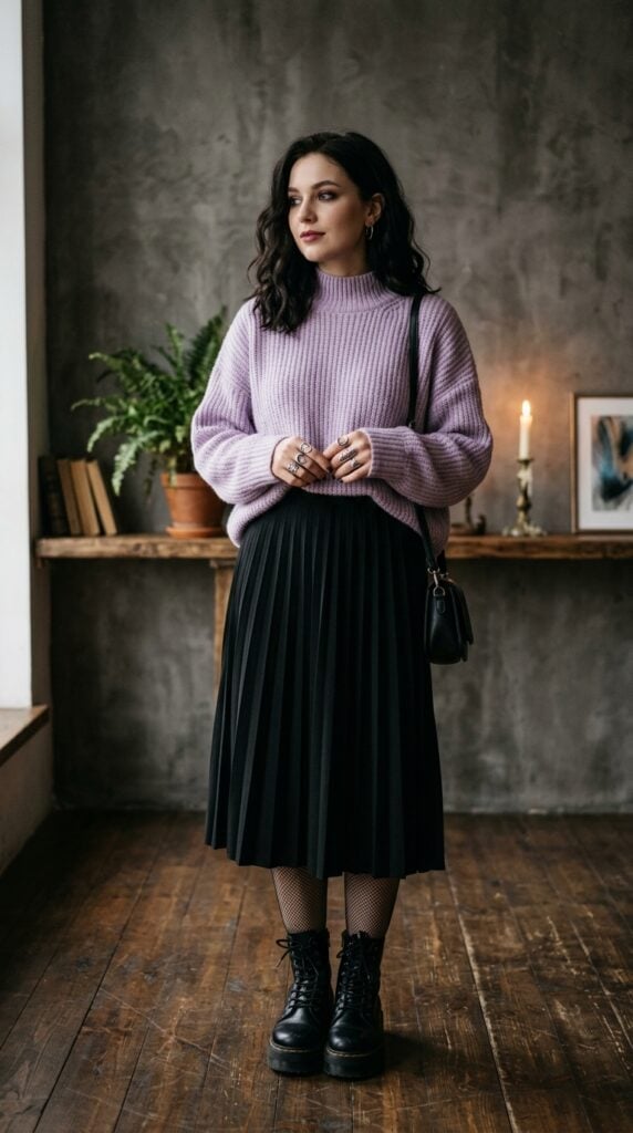 Chunky Lavender Knit Sweater with Black Skirt, Close-Up Take Chunky Lavender Knit Sweater with Black Skirt, Close-Up Take — Cute Purple Outfits