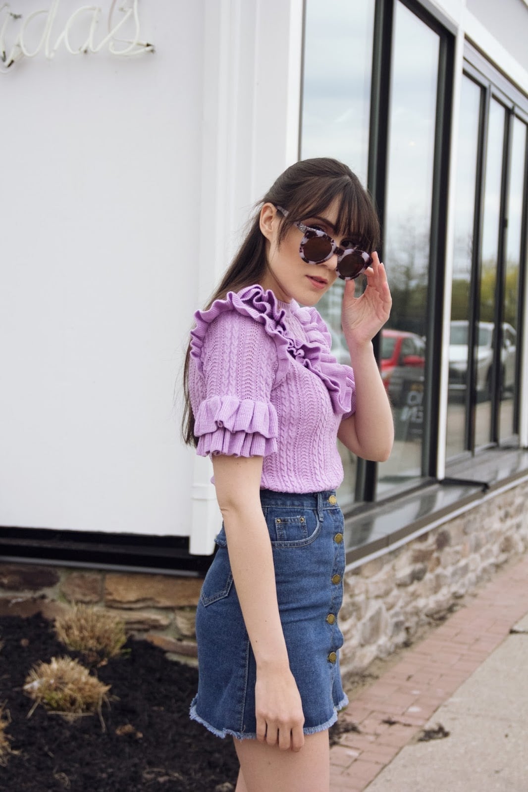 Lavender Ruffled Top with Blue Denim Skirt, Close-Up Take Lavender Ruffled Top with Blue Denim Skirt, Close-Up Take — Cute Purple Outfits