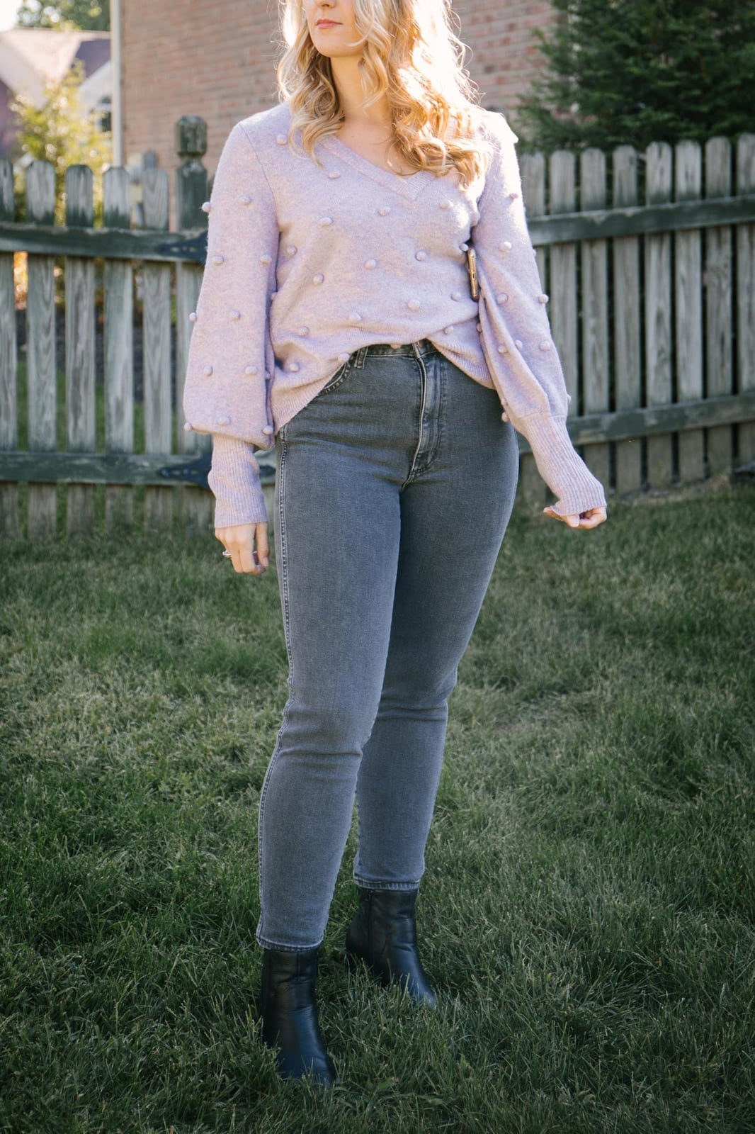 Lavender Pom-Pom Sweater with Gray Denim Jeans Lavender Pom-Pom Sweater with Gray Denim Jeans — Cute Purple Outfits