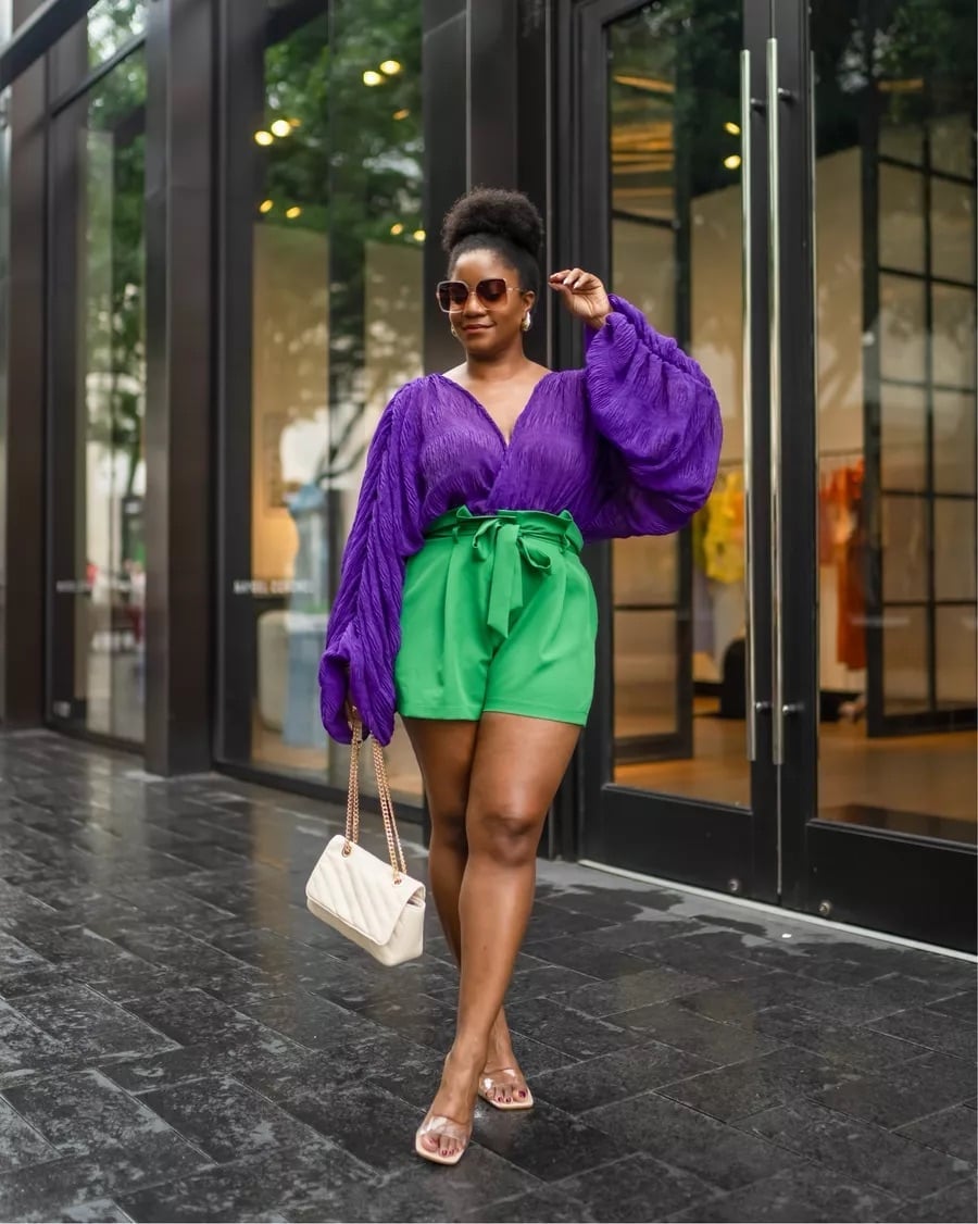 Purple Blouse with Green Shorts for Daytime Purple Blouse with Green Shorts for Daytime — Cute Purple Outfits