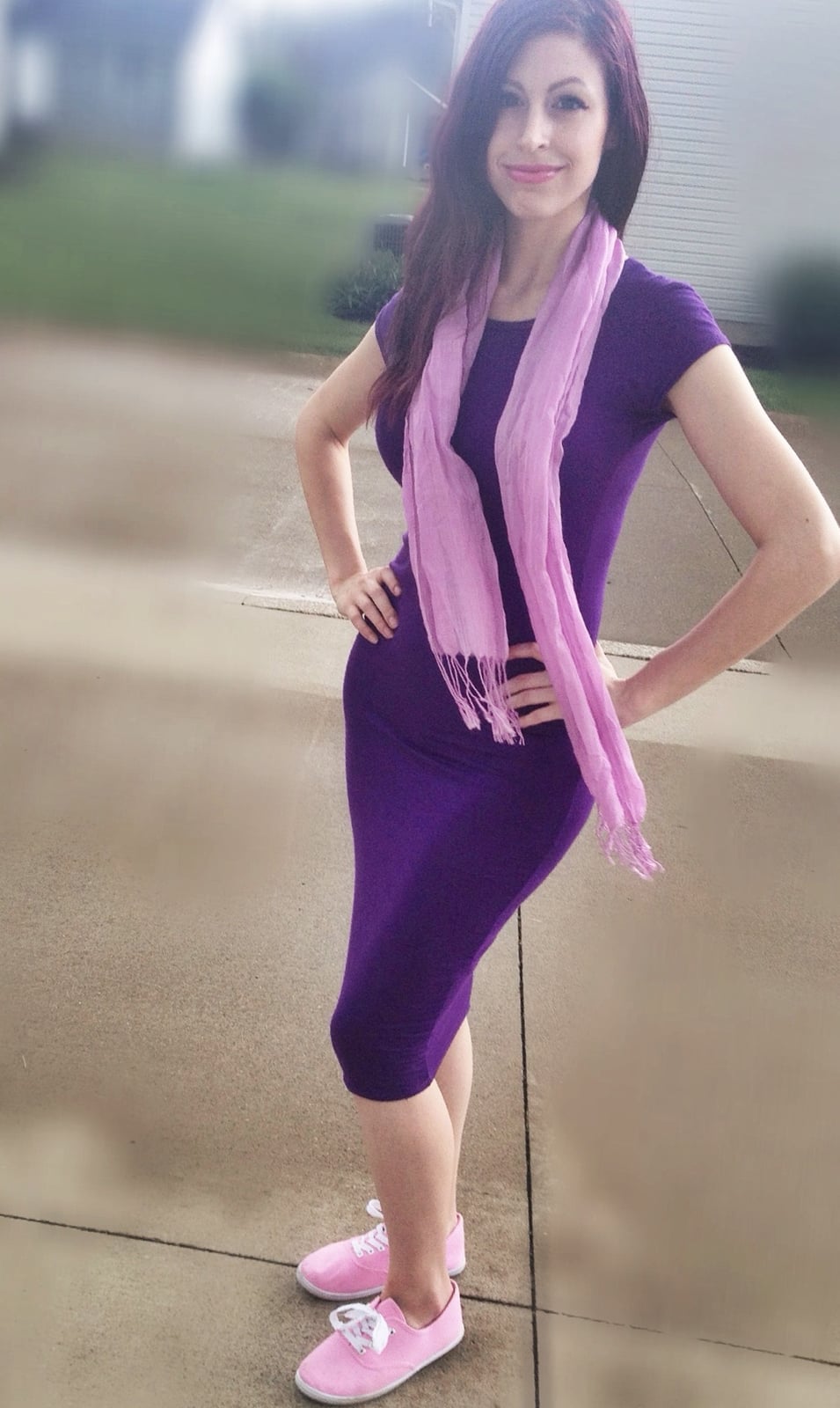 Purple Sheath Dress with Pink Sneakers Purple Sheath Dress with Pink Sneakers — Cute Purple Outfits