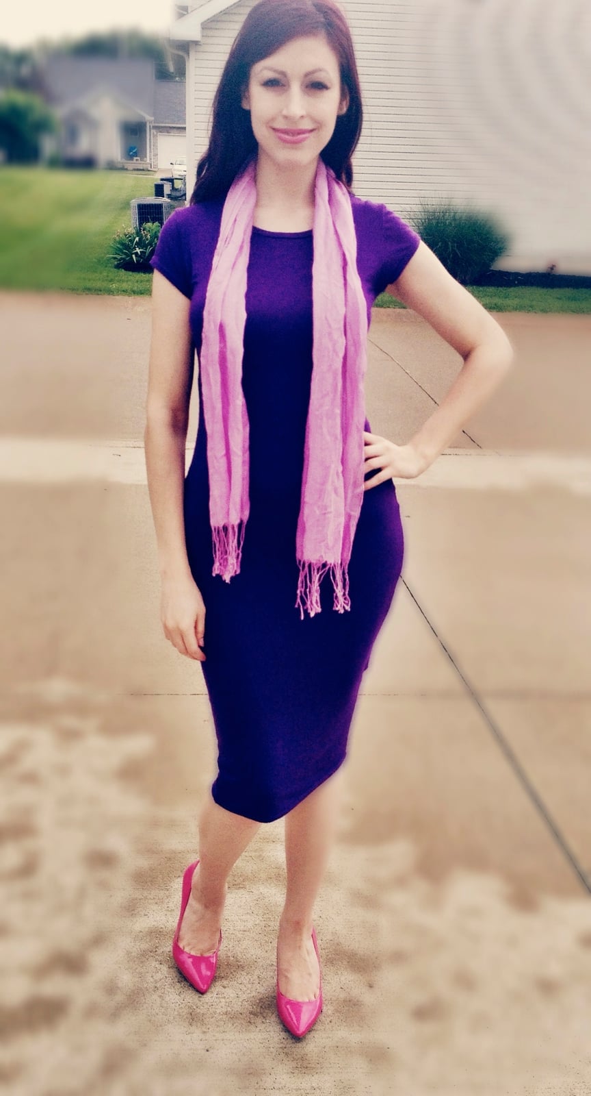 Deep Purple Pencil Dress with Contrasting Accessories Deep Purple Pencil Dress with Contrasting Accessories — Cute Purple Outfits