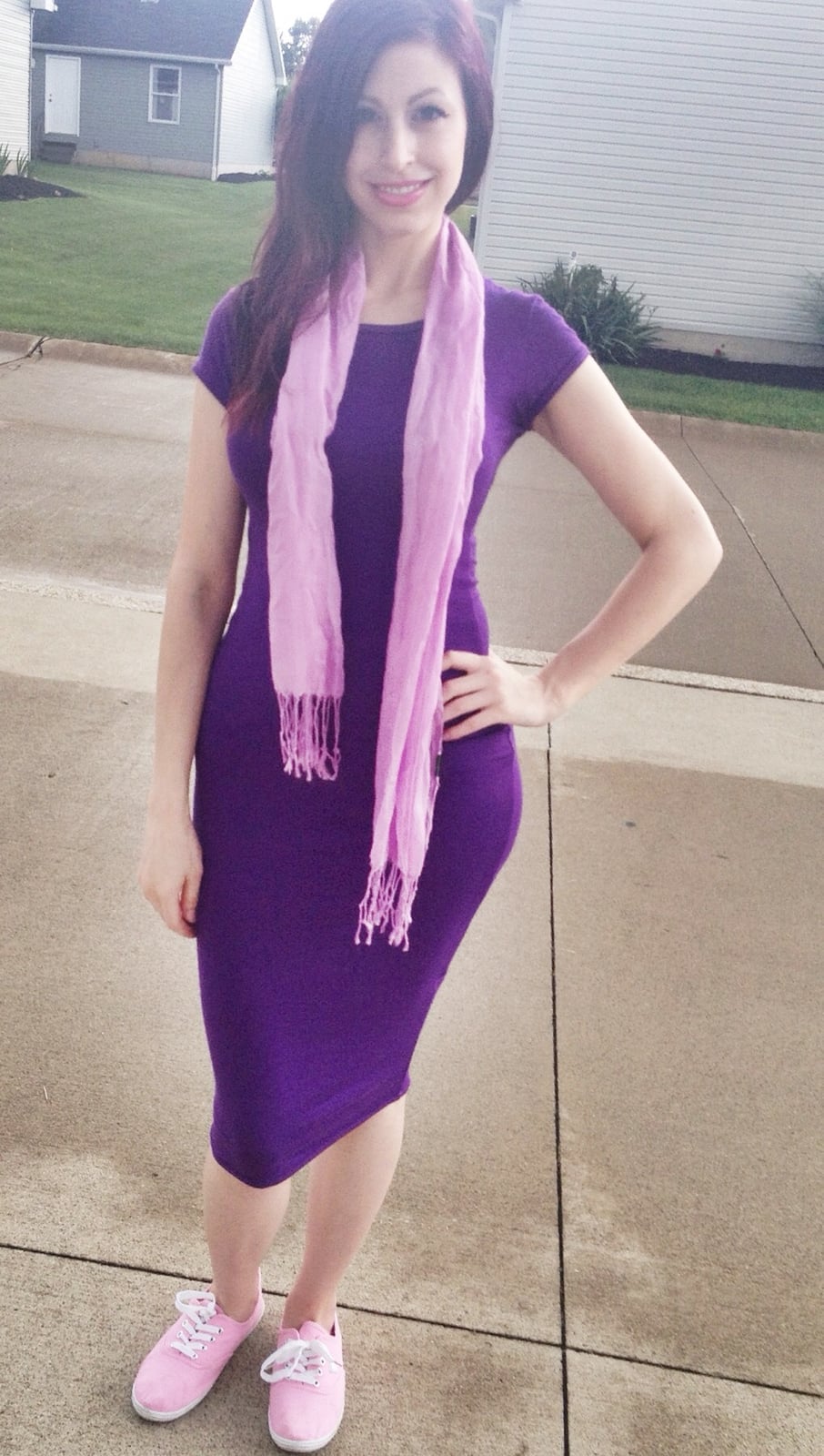 Fitted Purple Sheath Dress with Pink Sneakers, Close-Up Take Fitted Purple Sheath Dress with Pink Sneakers, Close-Up Take — Cute Purple Outfits