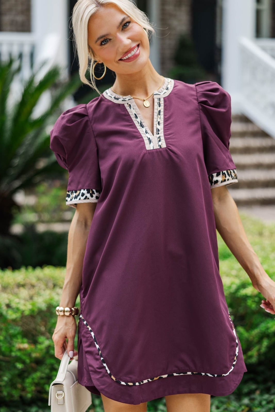 Deep Plum Shift Dress with Animal Print Trim Deep Plum Shift Dress with Animal Print Trim — Cute Purple Outfits
