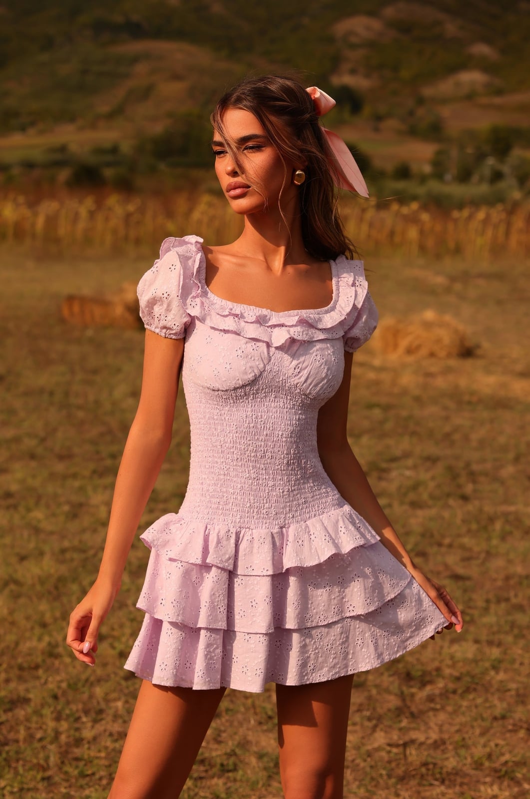 Light Lilac Eyelet Cotton Dress for Summer With A Tiered Ruffled Skirt Light Lilac Eyelet Cotton Dress for Summer With A Tiered Ruffled Skirt — Cute Purple Outfits