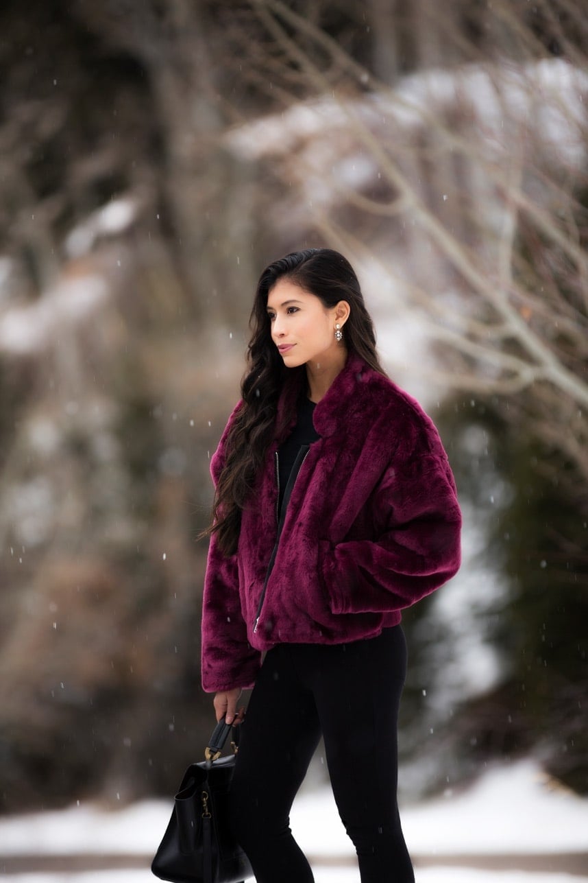 Deep Purple Faux Fur Bomber Jacket for Winter, Close-Up Take Deep Purple Faux Fur Bomber Jacket for Winter, Close-Up Take — Cute Purple Outfits