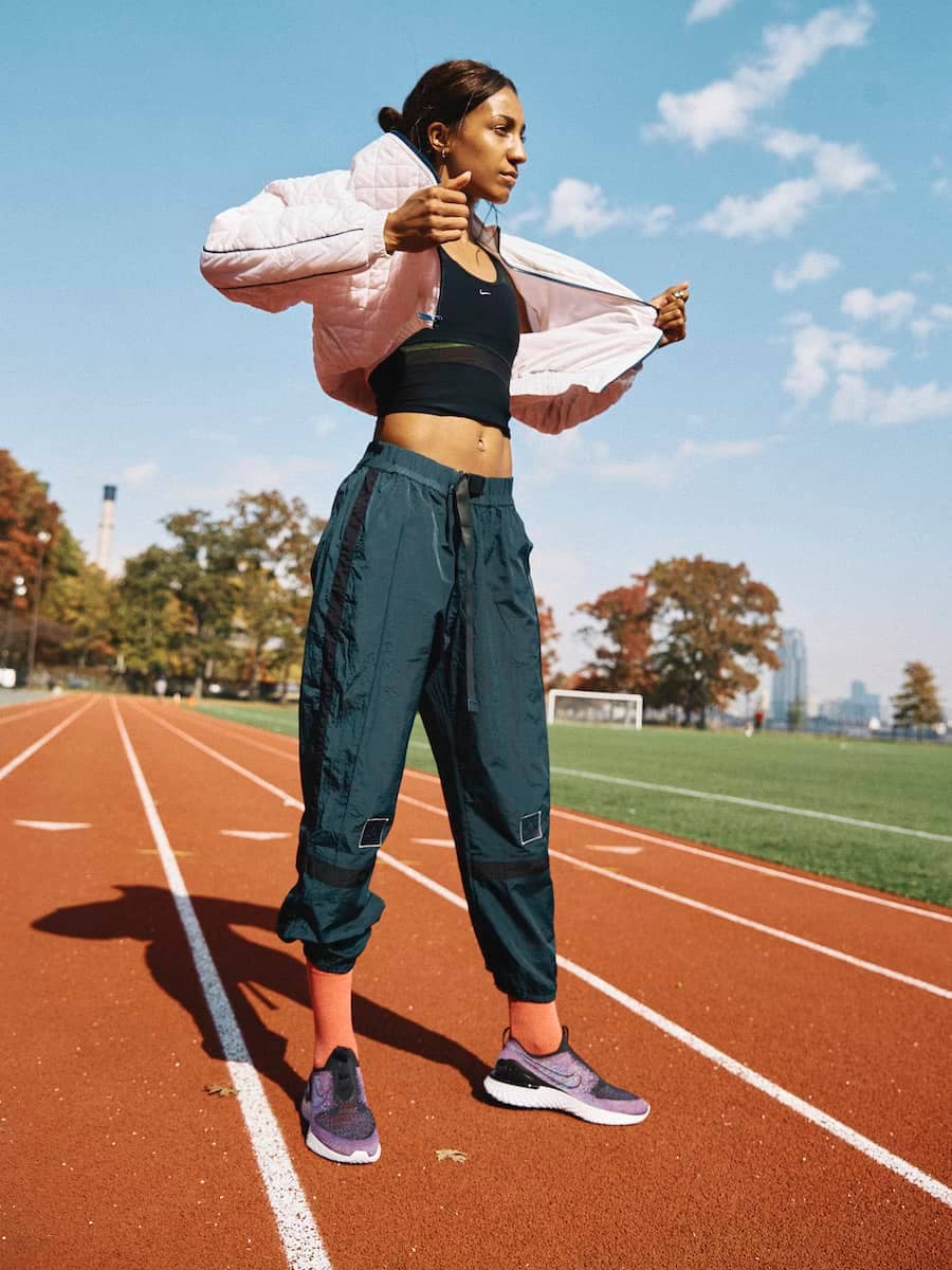 Teal Track Pants with Pink Puffer Jacket Teal Track Pants with Pink Puffer Jacket — Cute Running Outfits