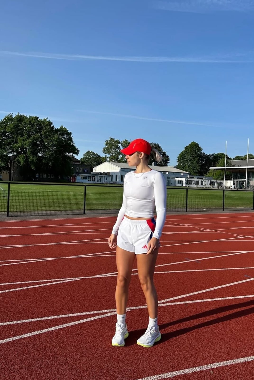 White Long-Sleeve Top and Shorts with Red Cap White Long-Sleeve Top and Shorts with Red Cap — Cute Running Outfits