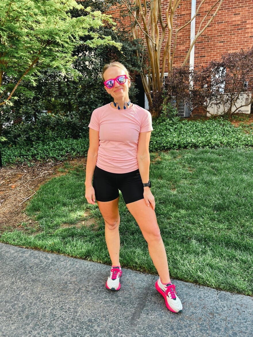 Pink T-Shirt and Black Shorts for Running Pink T-Shirt and Black Shorts for Running — Cute Running Outfits