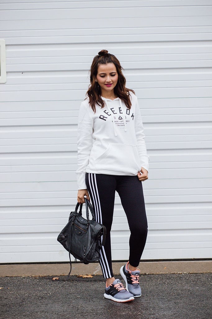 White Hoodie with Striped Black Leggings White Hoodie with Striped Black Leggings — Cute Running Outfits