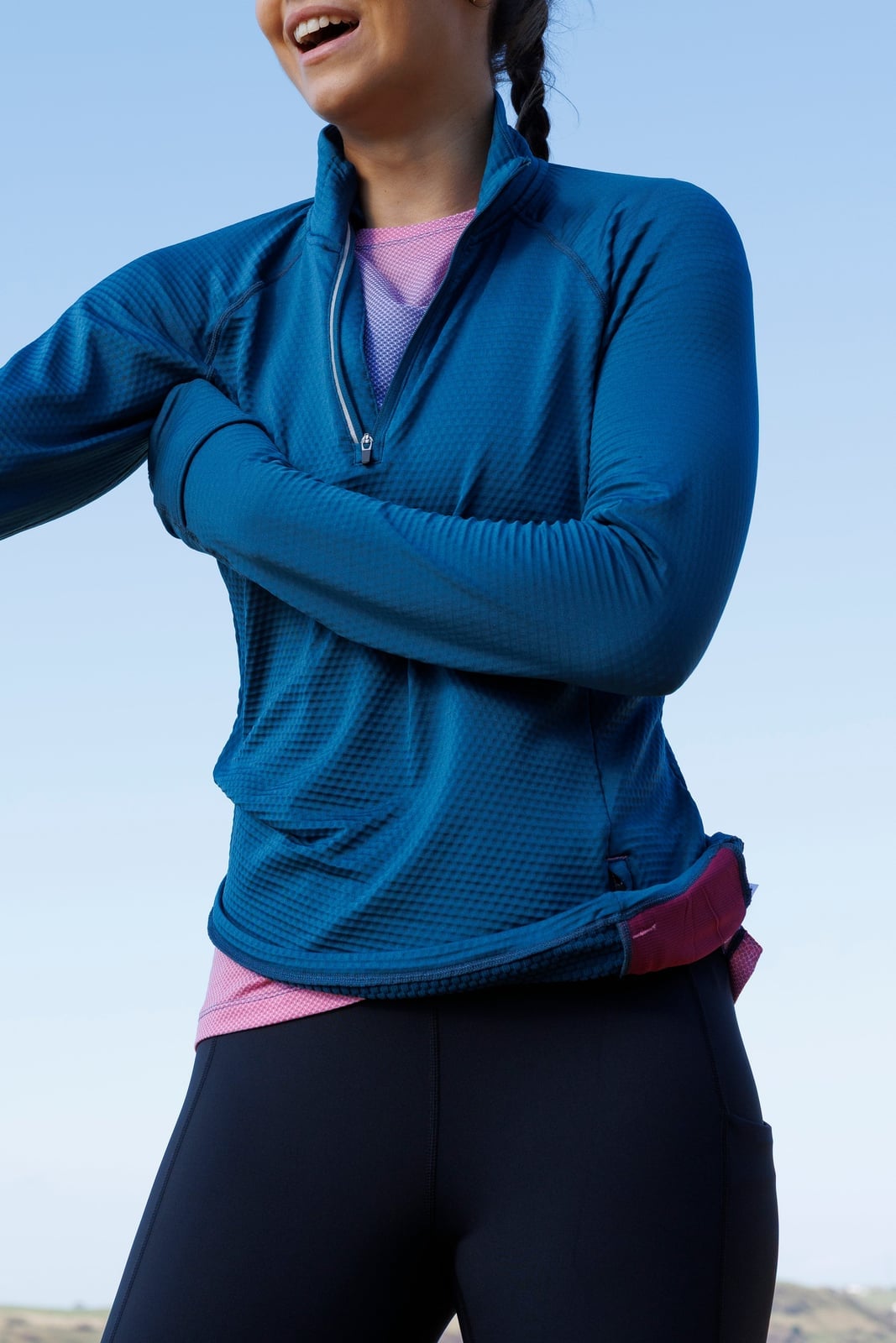 Pink T-Shirt Under Blue Zip-Up Jacket Pink T-Shirt Under Blue Zip-Up Jacket — Cute Running Outfits
