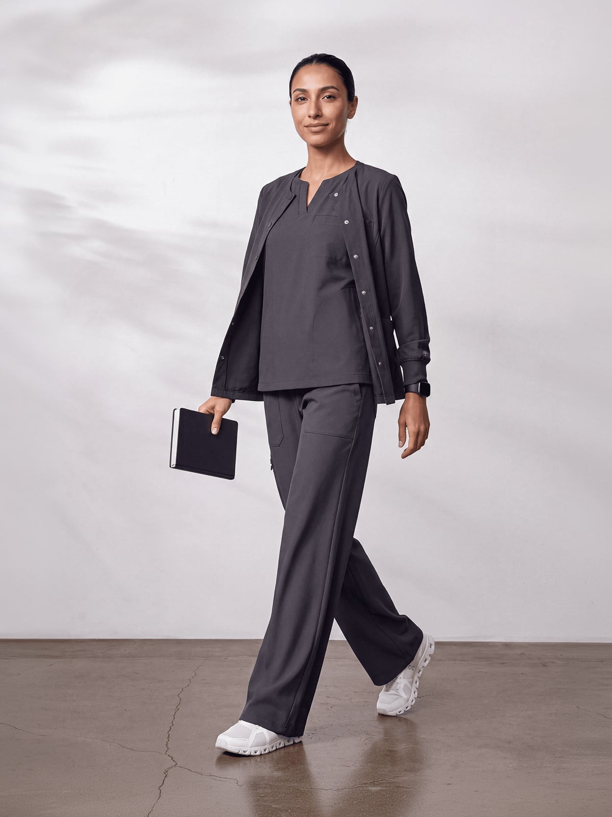 Dark Gray Scrub Set with Button-Front Jacket Dark Gray Scrub Set with Button-Front Jacket — Cute Scrubs Outfits