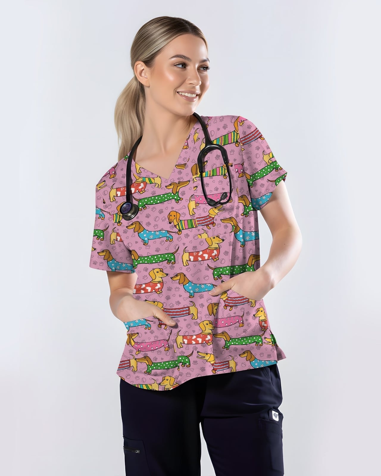 Pink Scrub Top with Dachshund Print Pink Scrub Top with Dachshund Print — Cute Scrubs Outfits