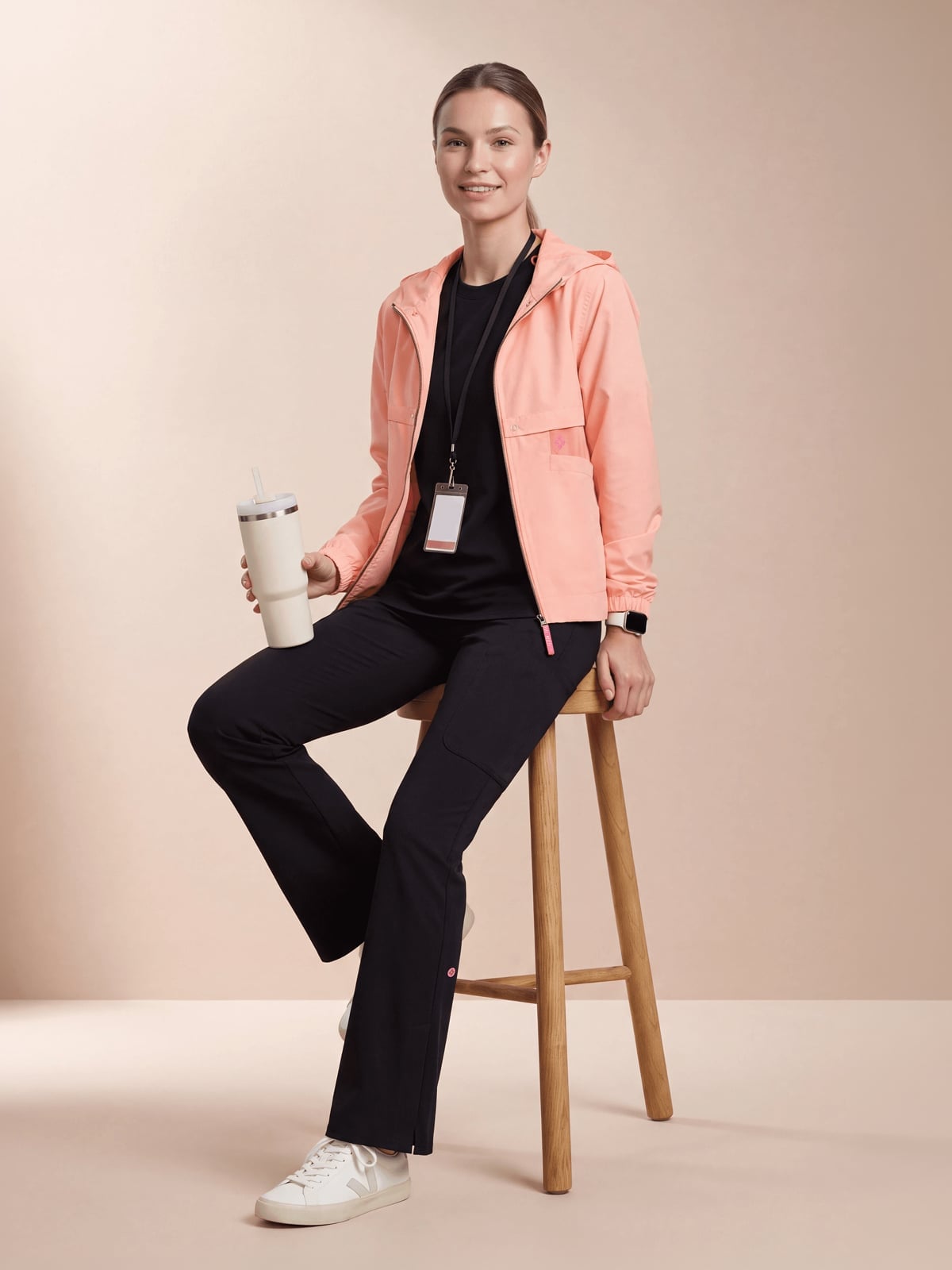 Black Jogger Scrubs with Peach Hooded Jacket Black Jogger Scrubs with Peach Hooded Jacket — Cute Scrubs Outfits