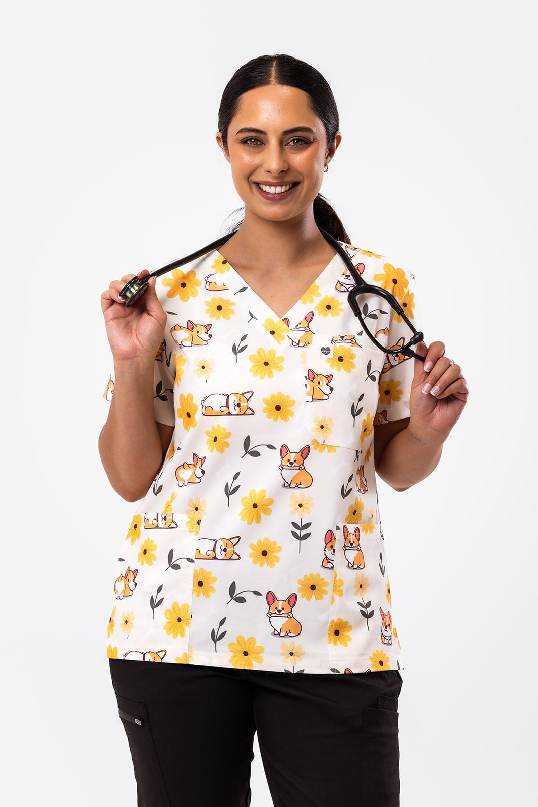 White Scrub Top with Corgi and Flower Print White Scrub Top with Corgi and Flower Print — Cute Scrubs Outfits