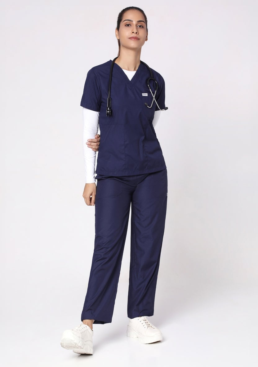 Navy Scrub Set Layered Over White Long-Sleeve Shirt Navy Scrub Set Layered Over White Long-Sleeve Shirt — Cute Scrubs Outfits