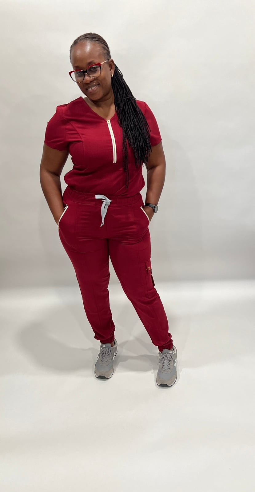 Burgundy Zip-Front Scrub Set with Gray Sneakers Burgundy Zip-Front Scrub Set with Gray Sneakers — Cute Scrubs Outfits