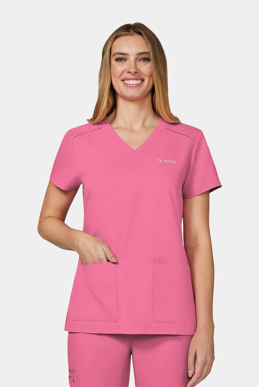 Bright Pink V-neck Scrub Top with Embroidery Bright Pink V-neck Scrub Top with Embroidery — Cute Scrubs Outfits