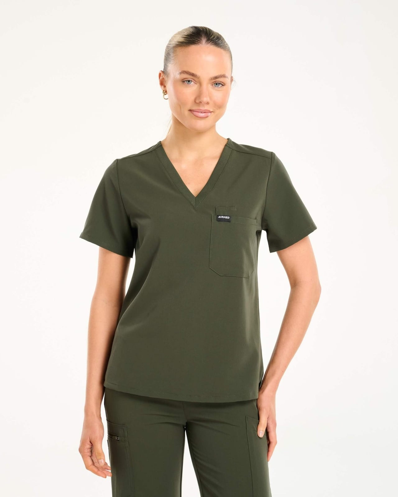 Olive Green V-neck Scrub Top with Chest Pocket Olive Green V-neck Scrub Top with Chest Pocket — Cute Scrubs Outfits